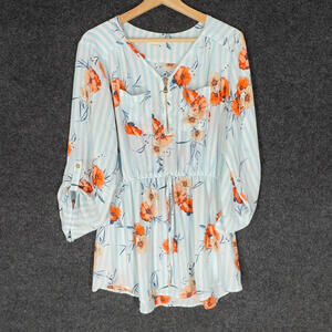 Stella Tweed Blouse Women XL Blue Floral V-Neck Zipper 3/4 Sleeve Pockets Casual